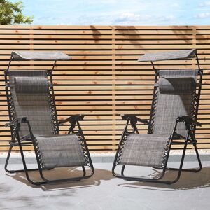 VonHaus Set of 2 Textilene Garden Zero Gravity Sun Lounger Chairs with Canopy in Grey Grey VonHaus Set of 2 Textilene Garden Zero Gravity Sun Lounger Chairs with Canopy in Grey Grey