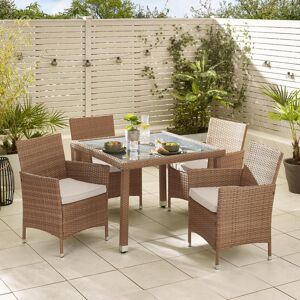 FurnitureboxUK Barbados Rattan Outdoor Garden Dining Set, PE Rattan & Cushions, 4 Chairs 1 Square Glass Top Outdoor Table in Light Brown Light Brown FurnitureboxUK Barbados Rattan Outdoor Garden Dining Set, PE Rattan & Cushions, 4 Chairs 1 Square Glass Top Outdoor Table in Light Brown Light Brown