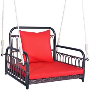Costway Hanging Porch Swing Chair Rattan Woven Rocking Chair w/ Cushion & Rope in Red Red Costway Hanging Porch Swing Chair Rattan Woven Rocking Chair w/ Cushion & Rope in Red Red
