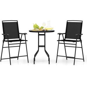 Costway 3 PCS Outdoor Bar Stool Set w/ Umbrella Hole Patio Bistro Table & 2 Folding Chairs in Black Black Costway 3 PCS Outdoor Bar Stool Set w/ Umbrella Hole Patio Bistro Table & 2 Folding Chairs in Black Black