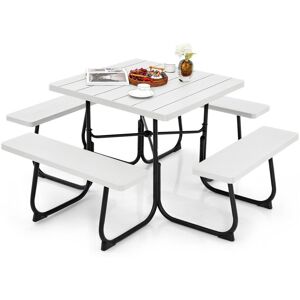 Costway 8 person Square Picnic Table Bench Set Outdoor Circular Table W/ 4 Benches & Umbrella Hole, White White Costway 8 person Square Picnic Table Bench Set Outdoor Circular Table W/ 4 Benches & Umbrella Hole, White White