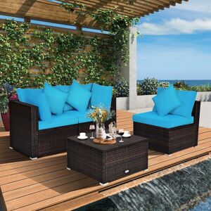 Costway 4 PCS Rattan Patio Conversation Set Outdoor Furniture Sofa Set w/ Coffee Table in Brown Brown Costway 4 PCS Rattan Patio Conversation Set Outdoor Furniture Sofa Set w/ Coffee Table in Brown Brown