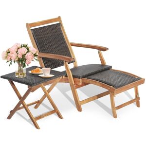 Costway Folding Patio Rattan Sun Lounge Chair Table Set Wicker Table Acacia Wood Chair in Dark Brown Dark Brown Costway Folding Patio Rattan Sun Lounge Chair Table Set Wicker Table Acacia Wood Chair in Dark Brown Dark Brown