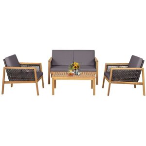 Costway 4Pcs Patio Acacia Wood Furniture Set Outdoor PE Rattan Conversation Set in Grey Grey Costway 4Pcs Patio Acacia Wood Furniture Set Outdoor PE Rattan Conversation Set in Grey Grey