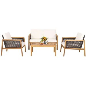 Costway 4 Pcs Patio Acacia Wood Furniture Set Outdoor Rattan Conversation Set in White White Costway 4 Pcs Patio Acacia Wood Furniture Set Outdoor Rattan Conversation Set in White White