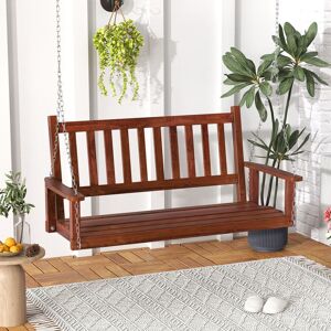 Costway 2-Person Porch Hanging Swing Chair Wooden Garden Swing Bench w/ Slatted Back in Brown Brown Costway 2-Person Porch Hanging Swing Chair Wooden Garden Swing Bench w/ Slatted Back in Brown Brown
