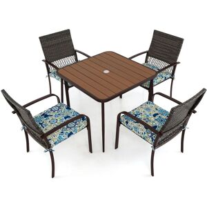Costway 5 Pieces Patio Dining Set 4 Cushioned Rattan Armchairs & Square Table in Brown Brown Costway 5 Pieces Patio Dining Set 4 Cushioned Rattan Armchairs & Square Table in Brown Brown