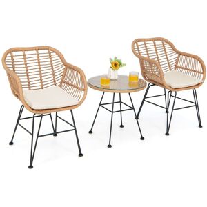 Costway 3 Pcs Patio Bistro Set Outdoor PE Rattan Armchairs w/ Table in White White Costway 3 Pcs Patio Bistro Set Outdoor PE Rattan Armchairs w/ Table in White White