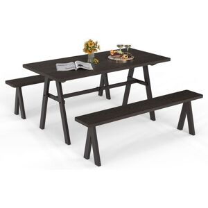 Costway 3Pcs Outdoor Picnic Table & Benches Set w/ 49MM Umbrella Hole in Brown Brown Costway 3Pcs Outdoor Picnic Table & Benches Set w/ 49MM Umbrella Hole in Brown Brown