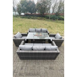 Fimous 8 Seater Outdoor PE Rattan Garden Furniture Gas Fire Pit Dining Table Set Lounge Sofa 2 PC Armchairs in Dark Grey Dark Grey Fimous 8 Seater Outdoor PE Rattan Garden Furniture Gas Fire Pit Dining Table Set Lounge Sofa 2 PC Armchairs in Dark Grey Dark Grey
