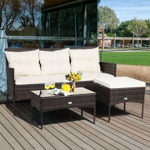 Costway 3 PCS Patio Rattan Conversation Set 3 Seater Garden Corner Sofa Set W/ Coffee Table in White White Costway 3 PCS Patio Rattan Conversation Set 3 Seater Garden Corner Sofa Set W/ Coffee Table in White White