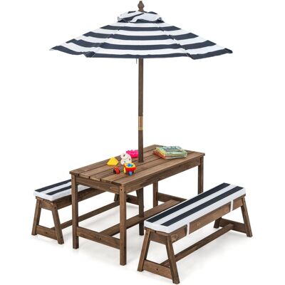 Costway 4 PCS Wooden Kids Picnic Table Bench Children Outdoor Activity Desk W/ Umbrella in Blue Blue Costway 4 PCS Wooden Kids Picnic Table Bench Children Outdoor Activity Desk W/ Umbrella in Blue Blue