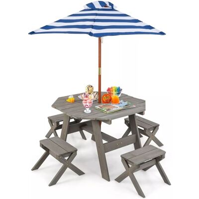Costway Wooden Octagon Table Set Kids Picnic Table & 4 Chairs w /Umbrella in Grey Grey Costway Wooden Octagon Table Set Kids Picnic Table & 4 Chairs w /Umbrella in Grey Grey