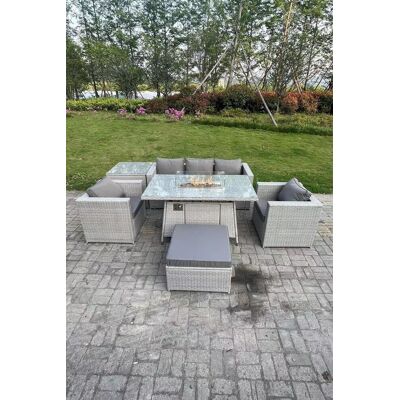 Fimous Rattan Garden Furniture Set Gas Fire Pit Lounge Sofa Chair Dining Set With Side Table in Light Grey Light Grey Fimous Rattan Garden Furniture Set Gas Fire Pit Lounge Sofa Chair Dining Set With Side Table in Light Grey Light Grey