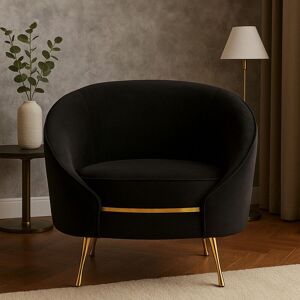 Orsina Black Velvet Armchair With Gold Finish Stainless Steel Legs, Luxe Curved Barrel Design Accent Chair Black Orsina Black Velvet Armchair With Gold Finish Stainless Steel Legs, Luxe Curved Barrel Design Accent Chair Black