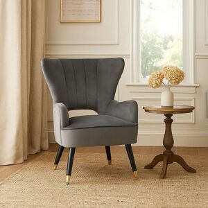 Orsina Green Velvet Armchair, Accent Chair With Gold Finish Rubberwood Legs, Modern Design Highback Chair in Grey Grey Orsina Green Velvet Armchair, Accent Chair With Gold Finish Rubberwood Legs, Modern Design Highback Chair in Grey Grey