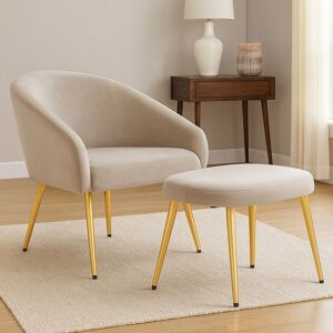 Orsina Midnight Blue Velvet Arm Chair with Footstool, Velvet Upholstered Accent Chair & Footstool, Armchair Set in Beige Beige Orsina Midnight Blue Velvet Arm Chair with Footstool, Velvet Upholstered Accent Chair & Footstool, Armchair Set in Beige Beige