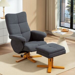 HOMCOM Linen Recliner Chair & Footstool Wooden Base Grey Grey HOMCOM Linen Recliner Chair & Footstool Wooden Base Grey Grey