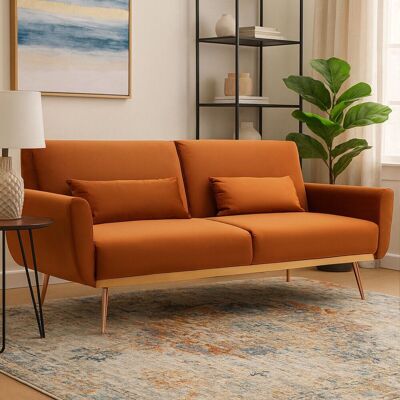 Orsina Innovative Burnt Orange Velvet Sofa Bed, Velvet Upholstered Sofa Bed, Sleeper Sofa With Gold Finish Legs Size: 2 Seater Orange 2 Seater Orsina Innovative Burnt Orange Velvet Sofa Bed, Velvet Upholstered Sofa Bed, Sleeper Sofa With Gold Finish Legs Size: 2 Seater Orange 2 Seater