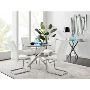 FurnitureboxUK Novara Clear Tempered Glass 100cm Round Dining Table with Chrome Starburst Legs & 4 Lorenzo Faux Leather Chairs in White White FurnitureboxUK Novara Clear Tempered Glass 100cm Round Dining Table with Chrome Starburst Legs & 4 Lorenzo Faux Leather Chairs in White White