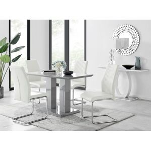 FurnitureboxUK Imperia Grey High Gloss 4 Seater Dining Table with Structural 2 Plinth Column Legs 4 Soft Faux Leather Lorenzo Chairs in White White FurnitureboxUK Imperia Grey High Gloss 4 Seater Dining Table with Structural 2 Plinth Column Legs 4 Soft Faux Leather Lorenzo Chairs in White White
