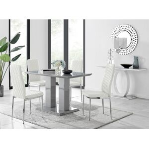 FurnitureboxUK Imperia Grey High Gloss 4 Seater Dining Table with Structural 2 Plinth Column Legs 4 Soft Faux Leather Silver Leg Milan Chairs in White White FurnitureboxUK Imperia Grey High Gloss 4 Seater Dining Table with Structural 2 Plinth Column Legs 4 Soft Faux Leather Silver Leg Milan Chairs in White White