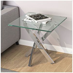 Living and Home Modern Square Tempered Glass Top Coffee End Table with Chrome Cross Leg in Clear Clear Living and Home Modern Square Tempered Glass Top Coffee End Table with Chrome Cross Leg in Clear Clear