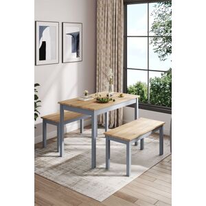 Living and Home 3Pcs Set Modern Pine Wood Dining Table and Benches Dining Set Furniture with Grey Legs in Brown Brown Living and Home 3Pcs Set Modern Pine Wood Dining Table and Benches Dining Set Furniture with Grey Legs in Brown Brown