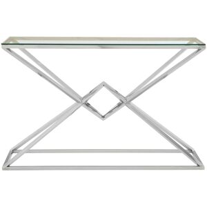 Orsina Rectangular Tempered Glass Console Table, Silver Stainless Steel Frame with Geometric Base, Hallway Console Silver Orsina Rectangular Tempered Glass Console Table, Silver Stainless Steel Frame with Geometric Base, Hallway Console Silver