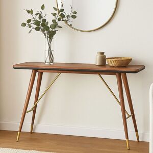 Orsina Walnut Wood Console Table with Leather Trim, Modern Retro Entryway Table with Brass Accents, Console Table in Gold Gold Orsina Walnut Wood Console Table with Leather Trim, Modern Retro Entryway Table with Brass Accents, Console Table in Gold Gold