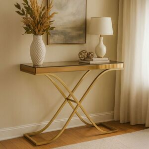 Orsina Spacious Gold Finished Decorative Table For Hallways, Modern Rectangular Console Table With Brown Glass Top Gold Orsina Spacious Gold Finished Decorative Table For Hallways, Modern Rectangular Console Table With Brown Glass Top Gold