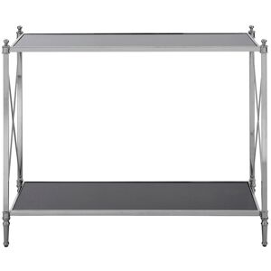 Orsina Black Mirrored Glass Console Table, 2 Tier Nickel Finish Frame Console Stand, Stainless Steel Hallway Table in Silver Silver Orsina Black Mirrored Glass Console Table, 2 Tier Nickel Finish Frame Console Stand, Stainless Steel Hallway Table in Silver Silver