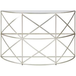 Orsina Silver Leaf Console Table, Geometric Iron Frame in Reflective Silver Finish, Tempered Glass Top Accent Table Silver Orsina Silver Leaf Console Table, Geometric Iron Frame in Reflective Silver Finish, Tempered Glass Top Accent Table Silver