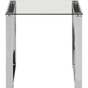 Orsina Shiny Silver Finish Square End Table, Minimalist Side Table With Stainless-Steel Legs, Glass Top Small Table Silver Orsina Shiny Silver Finish Square End Table, Minimalist Side Table With Stainless-Steel Legs, Glass Top Small Table Silver