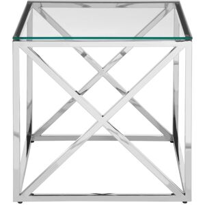 Orsina Polished Steel & Glass End Table, Square Transparent Glass Top Side Table, Cross Base Modern Accent Table in Silver Silver Orsina Polished Steel & Glass End Table, Square Transparent Glass Top Side Table, Cross Base Modern Accent Table in Silver Silver