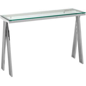 Orsina Clear Glass Console Table, Silver Finished Center Table With Stainless Steel Frame, Modern Hallway Table Clear Orsina Clear Glass Console Table, Silver Finished Center Table With Stainless Steel Frame, Modern Hallway Table Clear