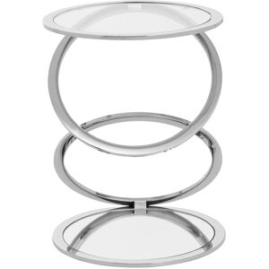 Orsina Clear Glass End Table With Warm Metallic Frame, Luxe Interlocking Gold Ring Base, Modern Glass Top in Silver Silver Orsina Clear Glass End Table With Warm Metallic Frame, Luxe Interlocking Gold Ring Base, Modern Glass Top in Silver Silver