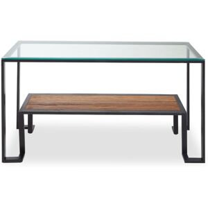 Orsina Roman Console Table, Rectangular Tempered Glass Top on Black Metal Frame, Teak‑Wood Lower Shelf Console Black Orsina Roman Console Table, Rectangular Tempered Glass Top on Black Metal Frame, Teak‑Wood Lower Shelf Console Black