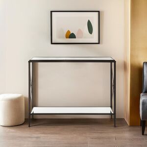 Orsina Black Finish Console Table, Sleek Two‑Tier Tempered Glass Top & Shelf, Minimalist Black Industrial Iron Frame Black Orsina Black Finish Console Table, Sleek Two‑Tier Tempered Glass Top & Shelf, Minimalist Black Industrial Iron Frame Black