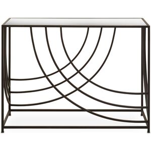 Orsina Mirrored Glass Top Console Table, Sleek Black Industrial Iron Frame with Curved Side Detailing in Clear Clear Orsina Mirrored Glass Top Console Table, Sleek Black Industrial Iron Frame with Curved Side Detailing in Clear Clear