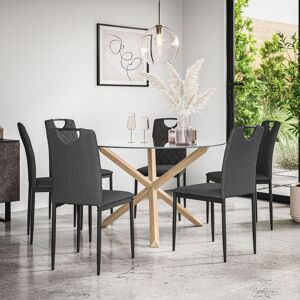 More4Homes Malvern Round Dining Table & Chairs - Clear Glass Table Top w Solid Oak Legs + Monza Fabric Dining Chair Set Of 6 in Charcoal Charcoal More4Homes Malvern Round Dining Table & Chairs - Clear Glass Table Top w Solid Oak Legs + Monza Fabric Dining Chair Set Of 6 in Charcoal Charcoal