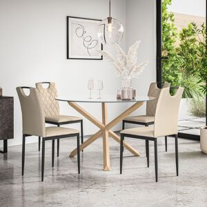 More4Homes Malvern Round Dining Table & Chairs - Clear Glass Table Top w Solid Oak Legs + Monza Faux Leather Dining Chair Set Of 4 in Beige Beige More4Homes Malvern Round Dining Table & Chairs - Clear Glass Table Top w Solid Oak Legs + Monza Faux Leather Dining Chair Set Of 4 in Beige Beige