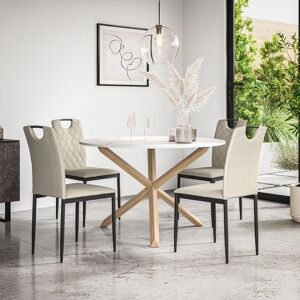 More4Homes Malvern Round Dining Table & Chairs - Marble Table Top w Solid Oak Legs + Monza Fabric Dining Chair Set Of 4 in Beige Beige More4Homes Malvern Round Dining Table & Chairs - Marble Table Top w Solid Oak Legs + Monza Fabric Dining Chair Set Of 4 in Beige Beige
