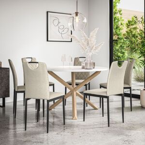 More4Homes Malvern Round Dining Table & Chairs - Marble Table Top w Solid Oak Legs + Monza Fabric Dining Chair Set Of 6 in Beige Beige More4Homes Malvern Round Dining Table & Chairs - Marble Table Top w Solid Oak Legs + Monza Fabric Dining Chair Set Of 6 in Beige Beige