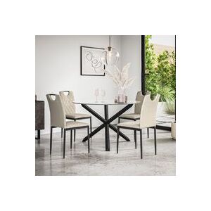 More4Homes Malvern Round Dining Table & Chairs - Clear Glass Table Top w Solid Oak Black Legs + Monza Fabric Dining Chair Set Of 4 in Beige Beige More4Homes Malvern Round Dining Table & Chairs - Clear Glass Table Top w Solid Oak Black Legs + Monza Fabric Dining Chair Set Of 4 in Beige Beige