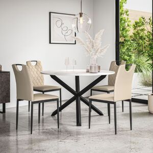 More4Homes Malvern Round Dining Table & Chairs - Marble Table Top w Solid Oak Black Legs + Monza Faux Leather Dining Chair Set Of 4 in Beige Beige More4Homes Malvern Round Dining Table & Chairs - Marble Table Top w Solid Oak Black Legs + Monza Faux Leather Dining Chair Set Of 4 in Beige Beige