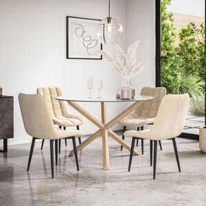 More4Homes Malvern Round Dining Table & Chairs - Clear Glass Table Top w Solid Oak Legs + Nova Velvet Dining Chair Set Of 4 in Beige Beige More4Homes Malvern Round Dining Table & Chairs - Clear Glass Table Top w Solid Oak Legs + Nova Velvet Dining Chair Set Of 4 in Beige Beige