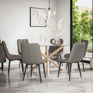 More4Homes Malvern Round Dining Table & Chairs - Clear Glass Table Top w Solid Oak Legs + Nova Faux Leather Dining Chair Set Of 6 in Grey Grey More4Homes Malvern Round Dining Table & Chairs - Clear Glass Table Top w Solid Oak Legs + Nova Faux Leather Dining Chair Set Of 6 in Grey Grey