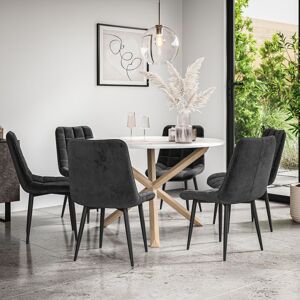 More4Homes Malvern Round Dining Table & Chairs - Marble Table Top w Solid Oak Legs + Nova Velvet Dining Chair Set Of 6 in Black Black More4Homes Malvern Round Dining Table & Chairs - Marble Table Top w Solid Oak Legs + Nova Velvet Dining Chair Set Of 6 in Black Black