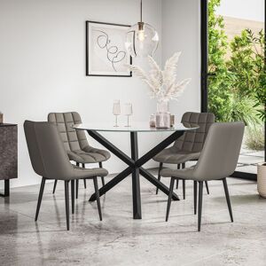 More4Homes Malvern Round Dining Table & Chairs - Clear Glass Table Top w Solid Oak Black Legs + Nova Faux Leather Dining Chair Set Of 4 in Grey Grey More4Homes Malvern Round Dining Table & Chairs - Clear Glass Table Top w Solid Oak Black Legs + Nova Faux Leather Dining Chair Set Of 4 in Grey Grey